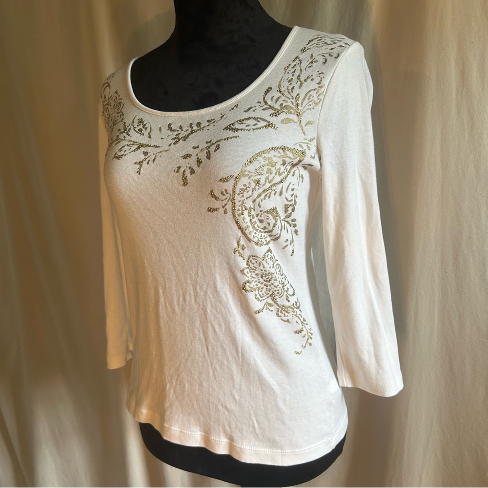 CHAPS 100% Cotton Gold Metallic Floral Paisley 3/4 Sleeve Top White M Boho Coast - Picture 4 of 9